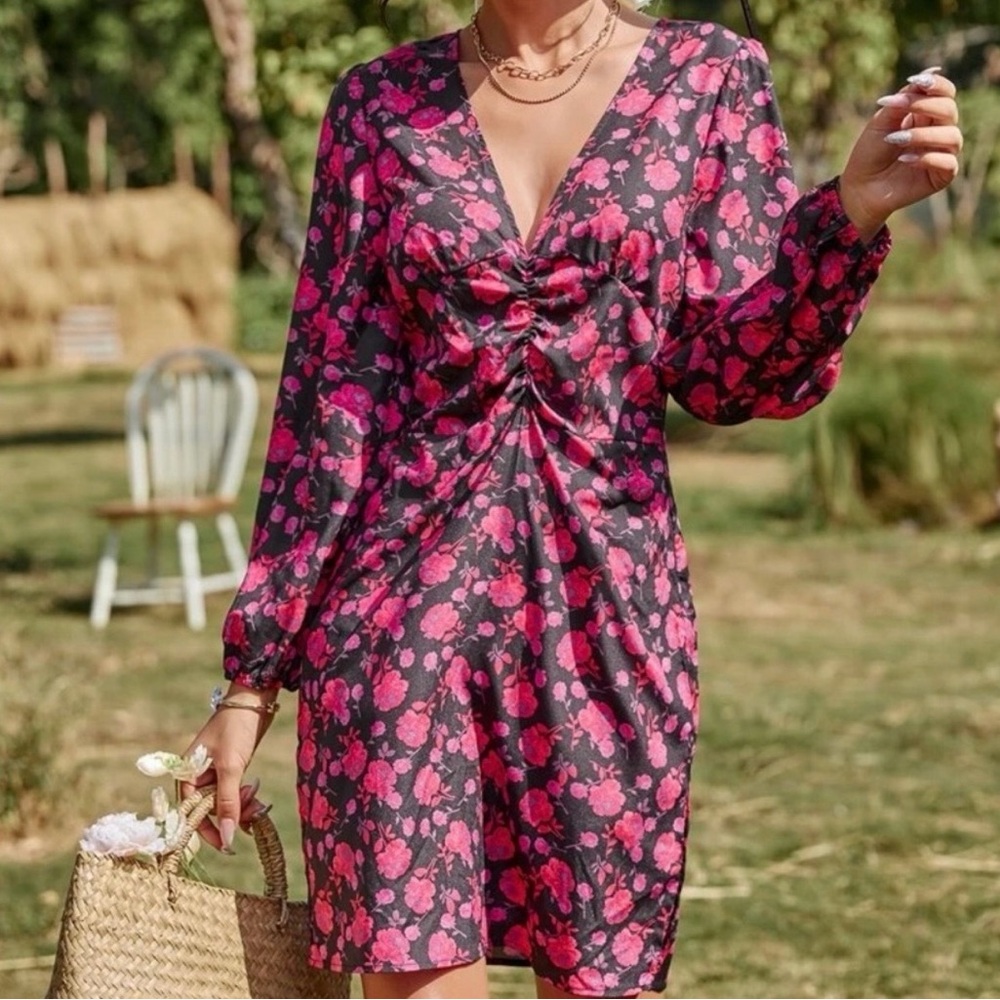 Pink & Black Floral Print Dress – Women’s Party / Date Night Dress